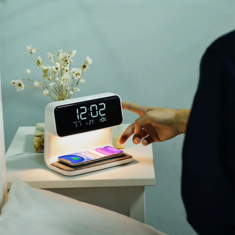 Creative 3 in 1 Bedside Lamp Wireless Charging LCD Screen Alarm Clock Wireless Phone Charger