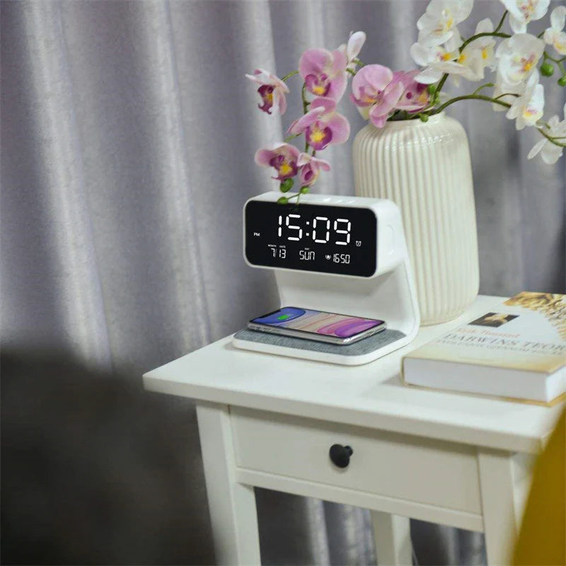 Creative 3 in 1 Bedside Lamp Wireless Charging LCD Screen Alarm Clock Wireless Phone Charger