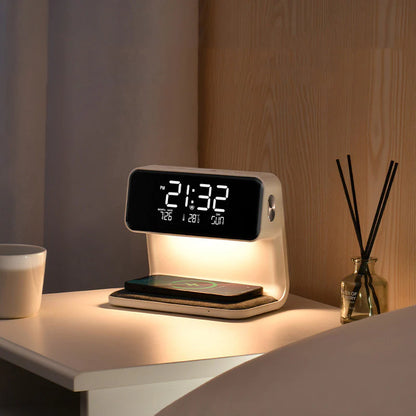 Creative 3 in 1 Bedside Lamp Wireless Charging LCD Screen Alarm Clock Wireless Phone Charger